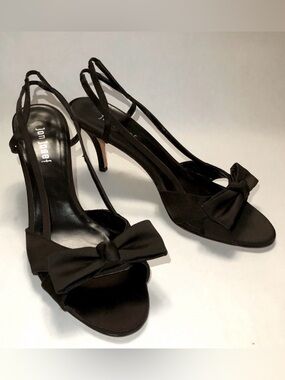 Jon Josef Brown Satin Slingback Pumps with Bow, size 10B.